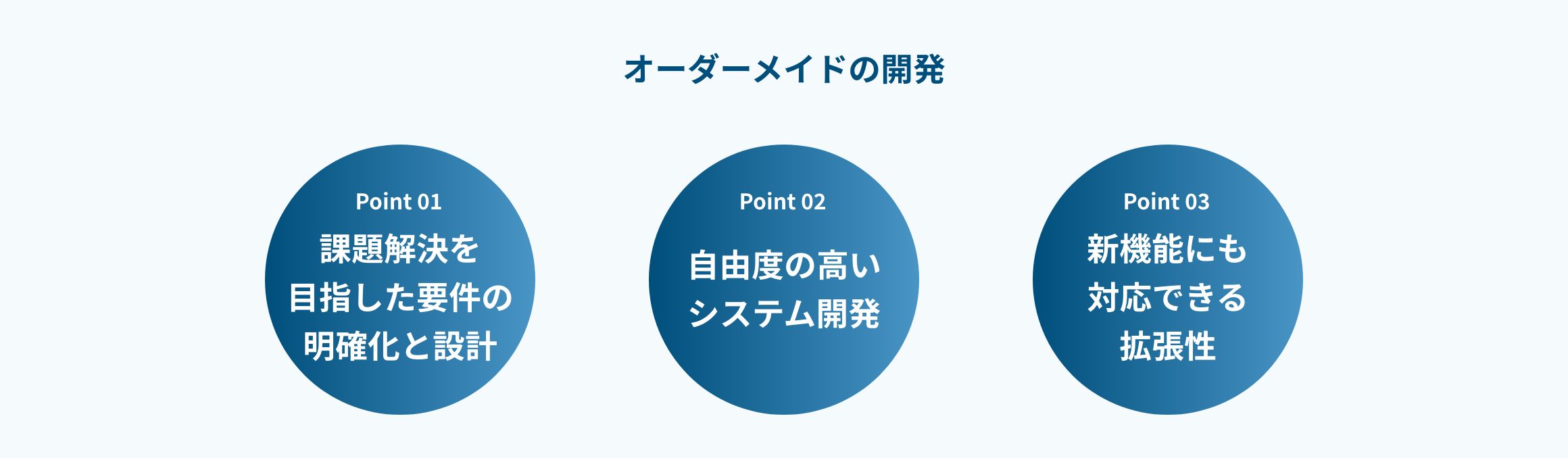 オーダーメイドの開発、Point 1 課題解決を目指した要件の明確化と設計、Point 2 自由度の高いシステム開発、Point 3 新機能にも対応できる拡張性